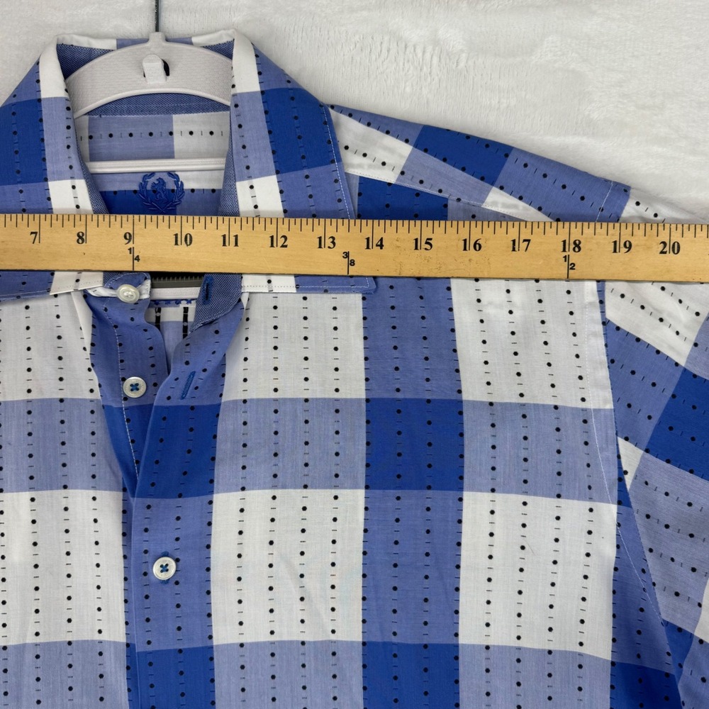 Bugatchi Uomo Mens Blue White Check Dotted Stripe Long Sleeve Button Down Shirt - Picture 6 of 12